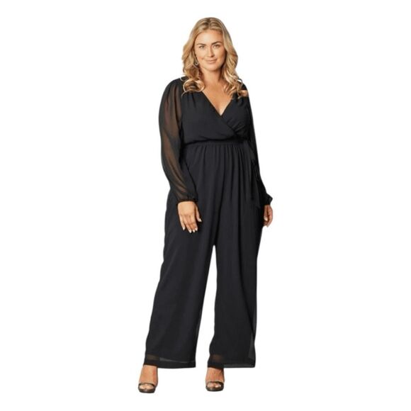 Kiyonna Celina Chiffon Jumpsuit Flowy Black Noir 1X - Picture 1 of 6